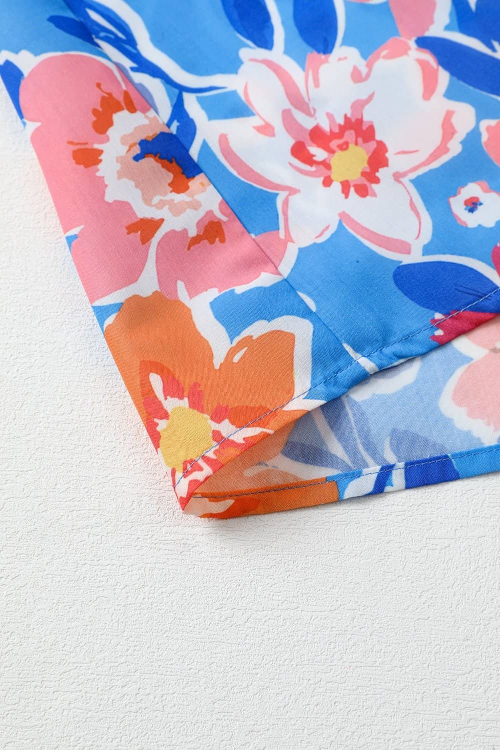 Sky Blue Floral Colorblock Edge Puff Sleeve Split Neck Blouse