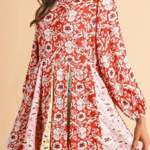 Red Colorful Floral Patchwork Long Sleeve Pleated Mini Dress