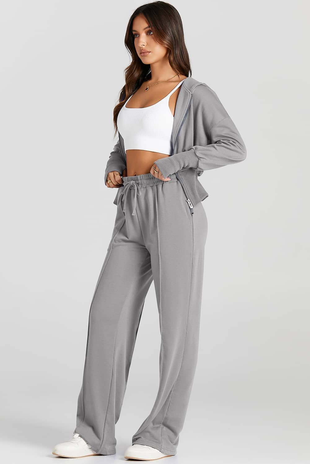 Gray Double Zipper Hooded Jacket And Sweatpants Active Set