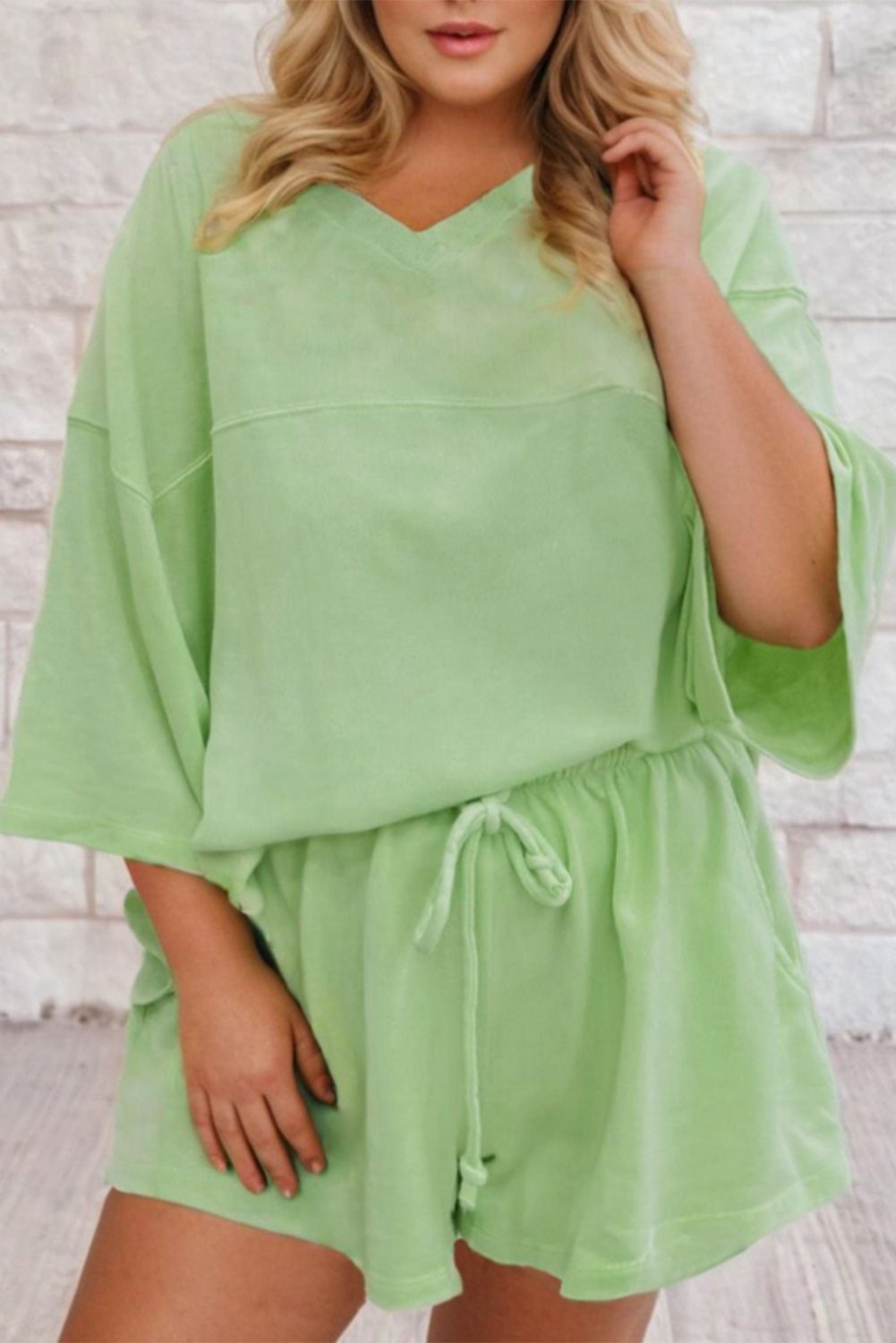 Meadow Mist Green Plus Size V Neck Drop Shoulder Tee Loose Shorts 2Pcs Outfit