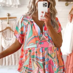 Multicolor Boho Abstract Pattern Split V Neck Flowy Blouse