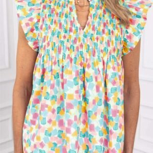 Green Shirred Yoke Ruffled Abstract Printed Blouse