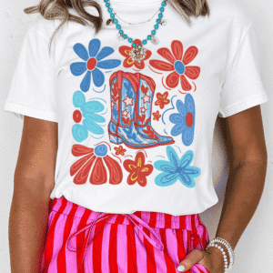 White Floral Cowgirl Boots Print Independence Day T Shirt