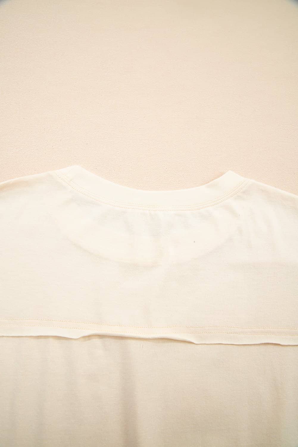 Apricot Flower Patched Exposed Stitching Trim Crew Neck Loose Tee