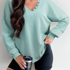 Mist Blue Mineral Wash Exposed Seam Buttoned V Neck Pullover Top