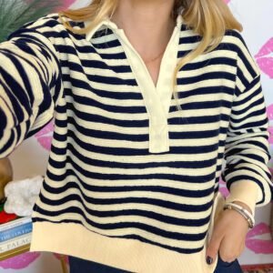Blue Stripe Collared V Neck Long Sleeve Casual Top