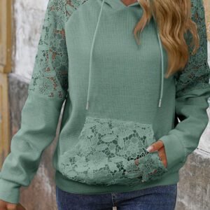 Smoke Green Lace Patchwork Raglan Sleeve Kangaroo Pocket Waffle Hoodie