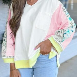 White Floral Colorblock Patchwork Chest Pocket Notched Neck Long Sleeve Top