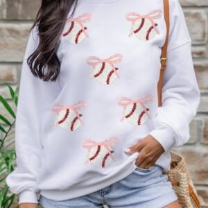 White Sequin Bow Baseball Patched Casual Sweatshirt