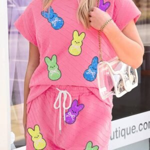 Sachet Pink Sequined Bunny Patched Graphic Geometric Textured Short Set