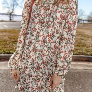 White Floral Printed Long Sleeve Mini Dress