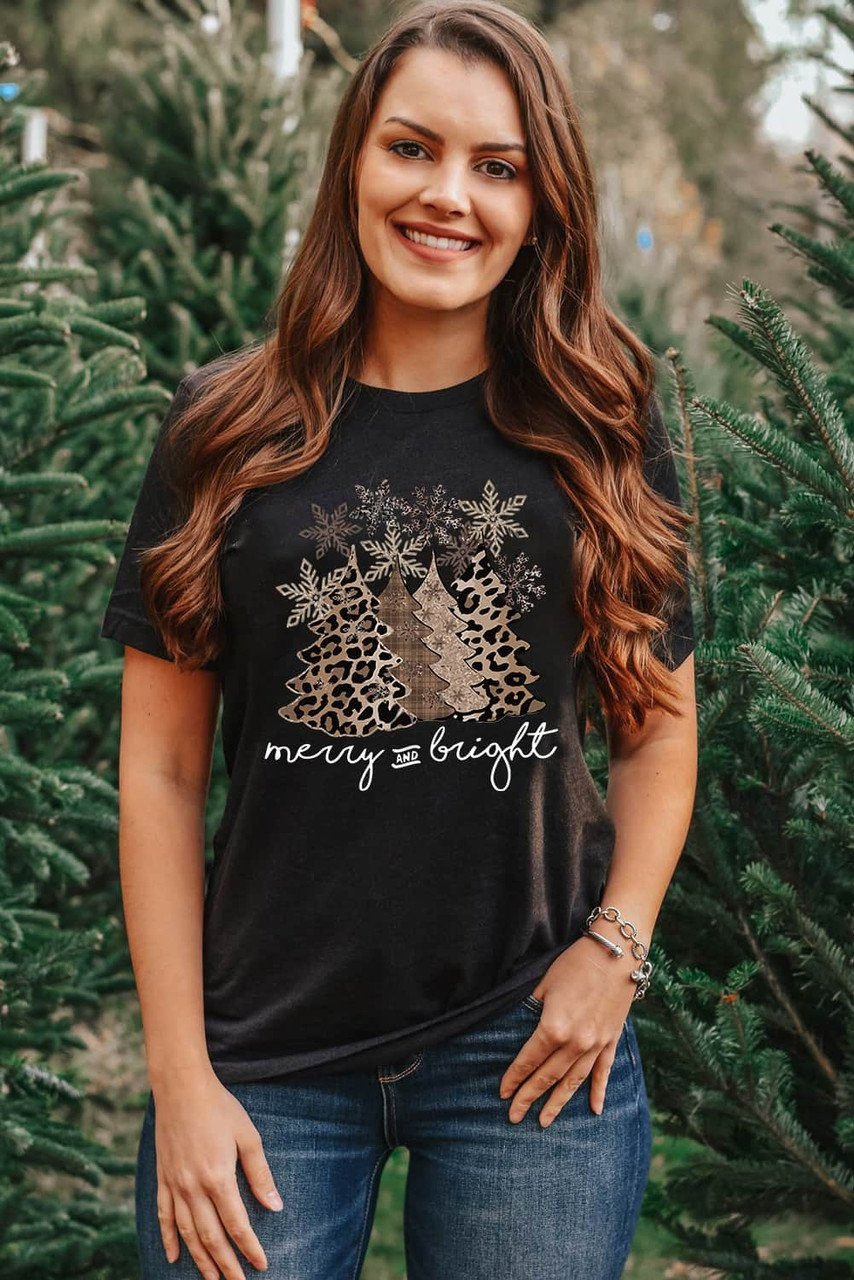 Black Leopard Christmas Tree Graphic Print Crew Neck T Shirt