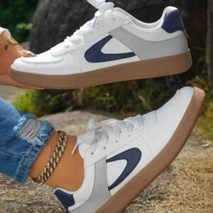 Navy Blue Color Contrast Pu Leather Lace-Up Sneakers