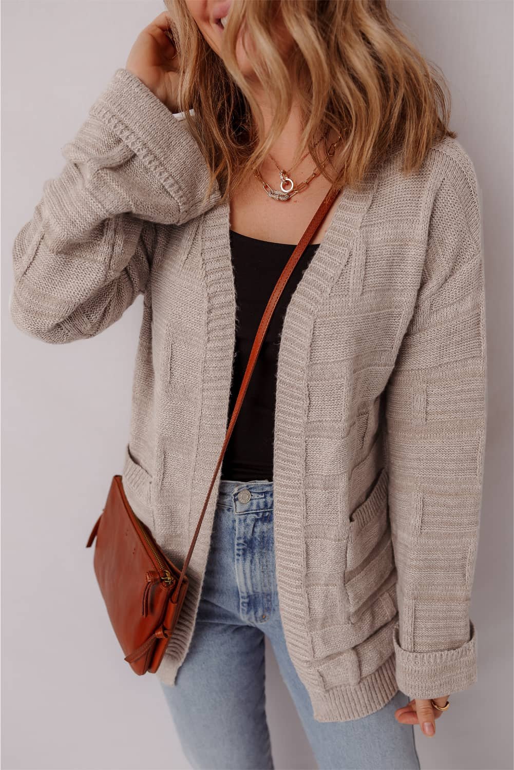 Delicacy Textured Knit Open Front Chic Cardigan With Pockets