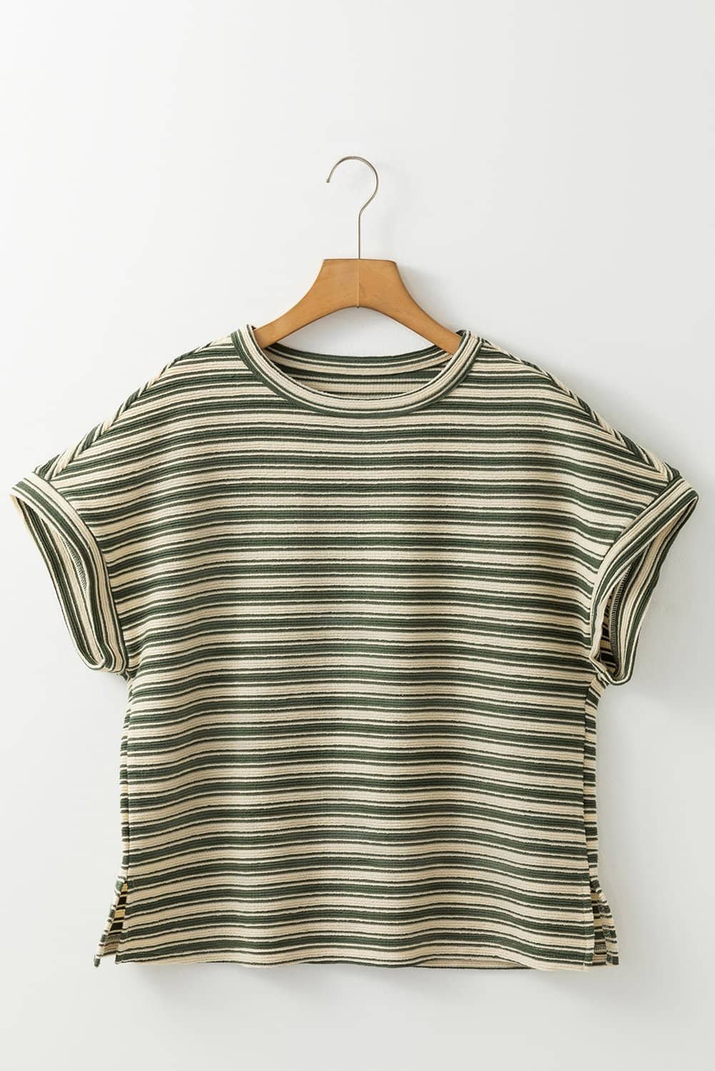 Green Stripe Textured Side Slits Crew Neck T Shirt