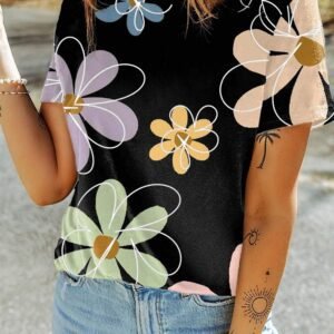 Black Summer Flower Print Casual Round Neck T Shirt