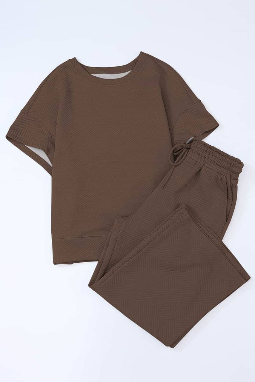 Brown Textured Loose Fit T Shirt And Drawstring Pants Set