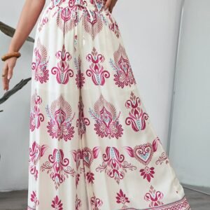 Rose Boho Printed Shirred High Waist Flowy Wide Leg Pants