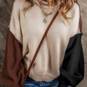 Coffee Colorblock Bishop Sleeve Ribbed Trim Sweater