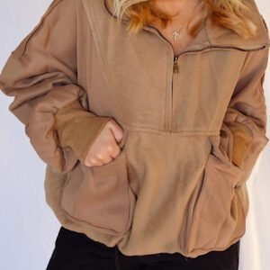 Camel Exposed Seam Side Pockets Half Zipper Baggy Sweatshirt
