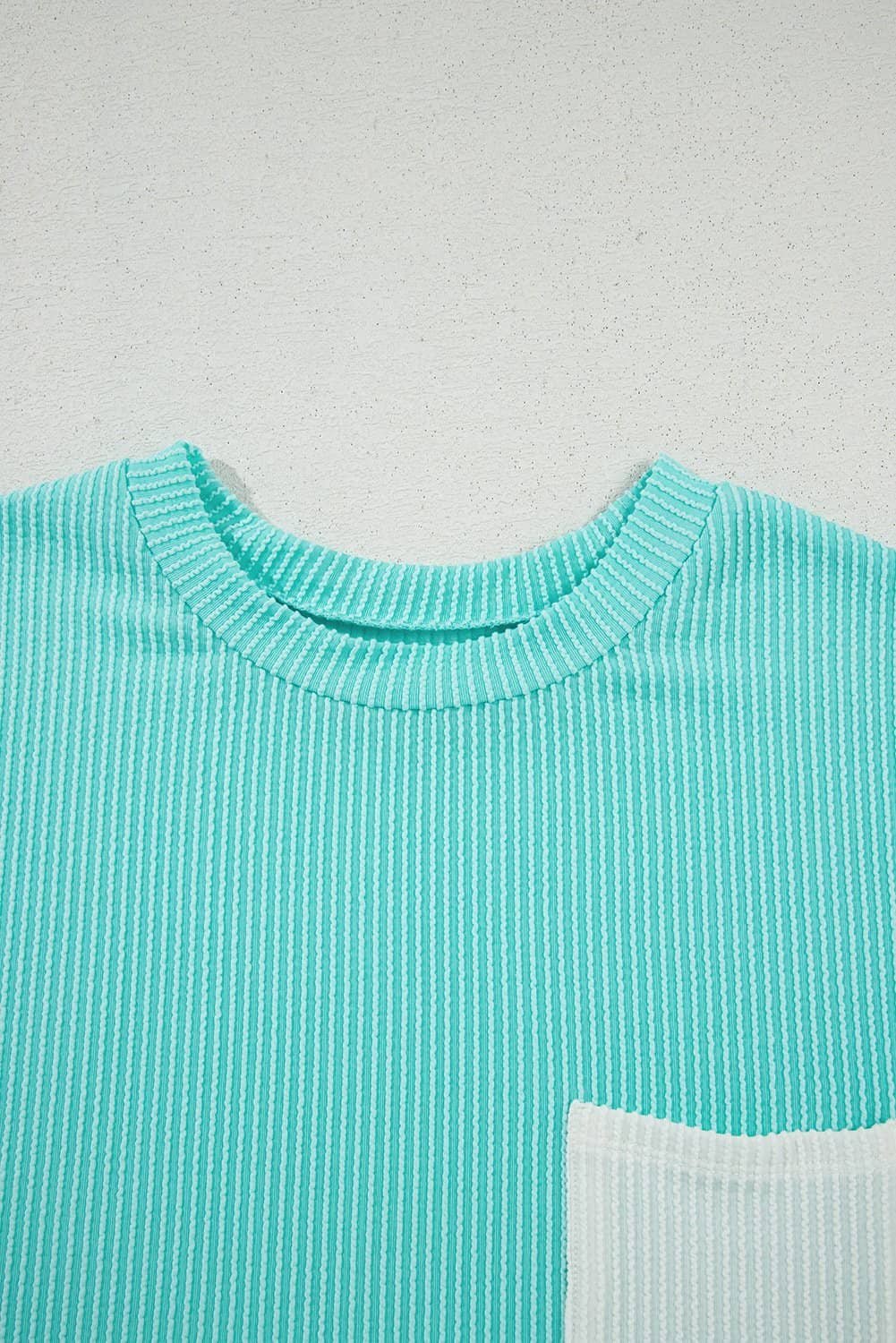 Light Blue Corded Knit Color Block Pocketed Crew Neck T Shirt