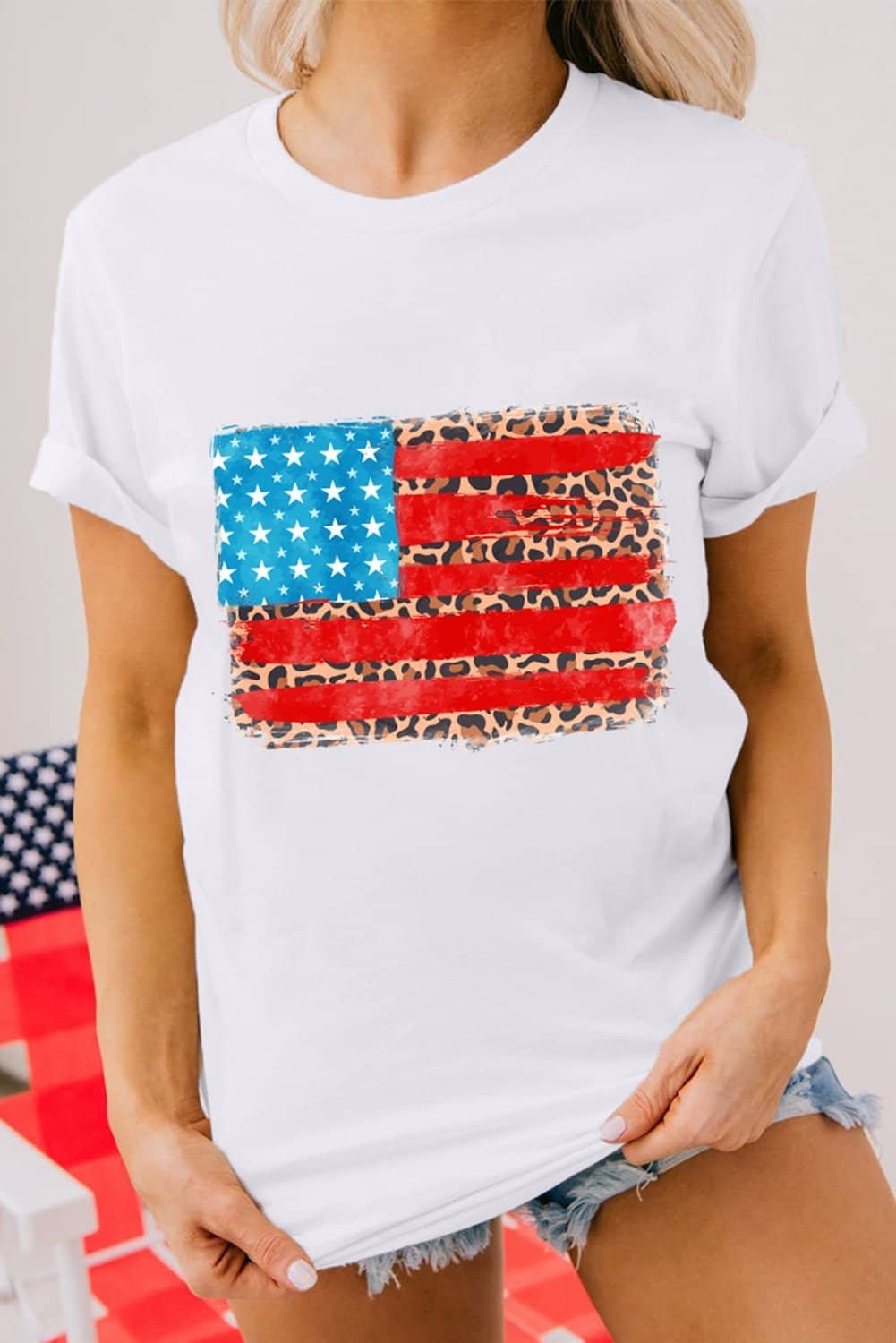 White Leopard Insert American Flag Pattern Cotton Blend T Shirt