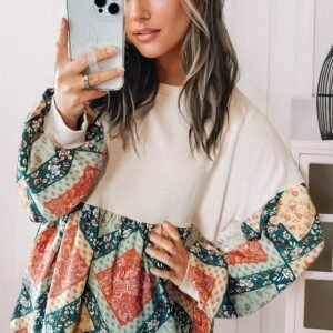 Jet Stream Paisley Geometric Patchwork Crew Neck Loose Fit Top