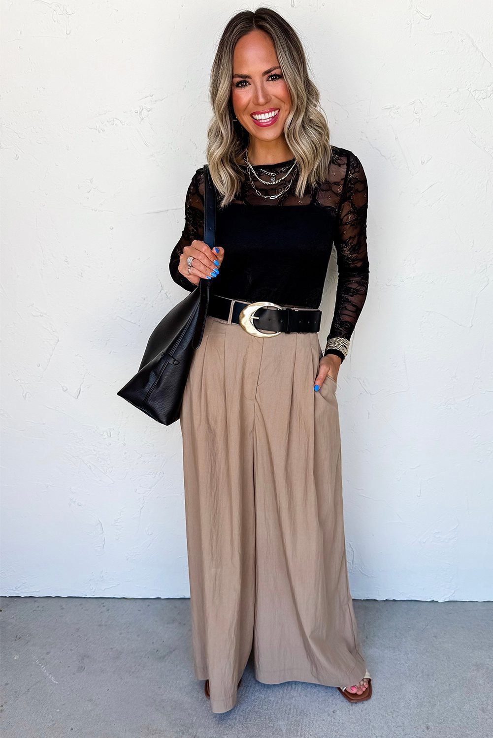 Black Lace Crochet Mesh Patched Slim Fit Long Sleeve Top