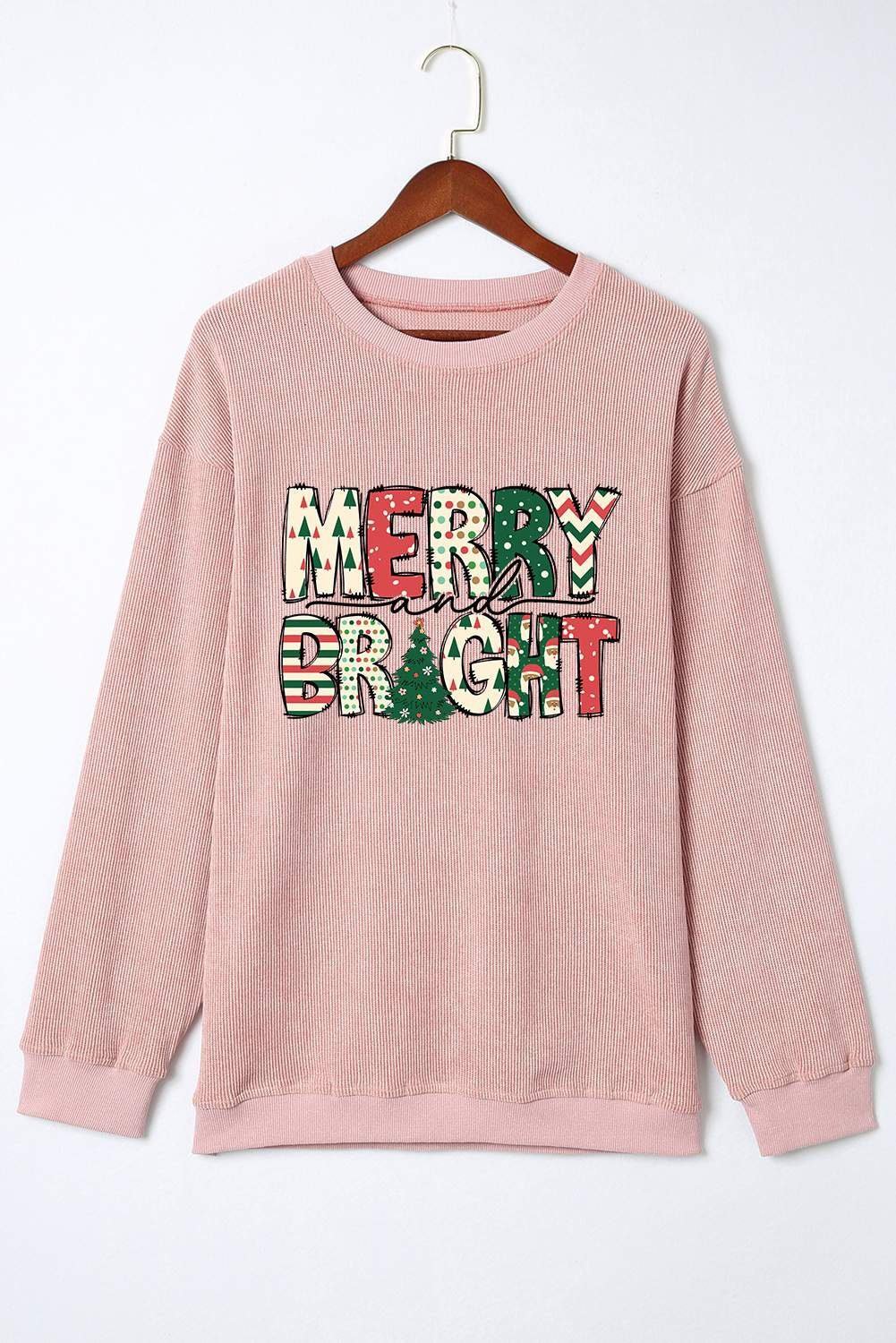 Pink Merry And Bright Christmas Tree Print Ribbed Sweatshirt