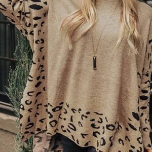 Khaki Leopard High Neck Side Slit Oversized Sweater