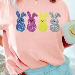 Pink Sequin Cute Bunny Graphic Easter Fashion Tee