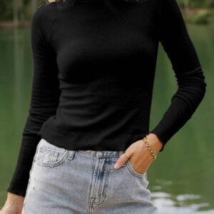 Black Ribbed Knit Lettuce Trim High Neck Long Sleeve Top