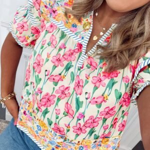 Pink Plus Size Floral Print Striped Trim V Neck Blouse