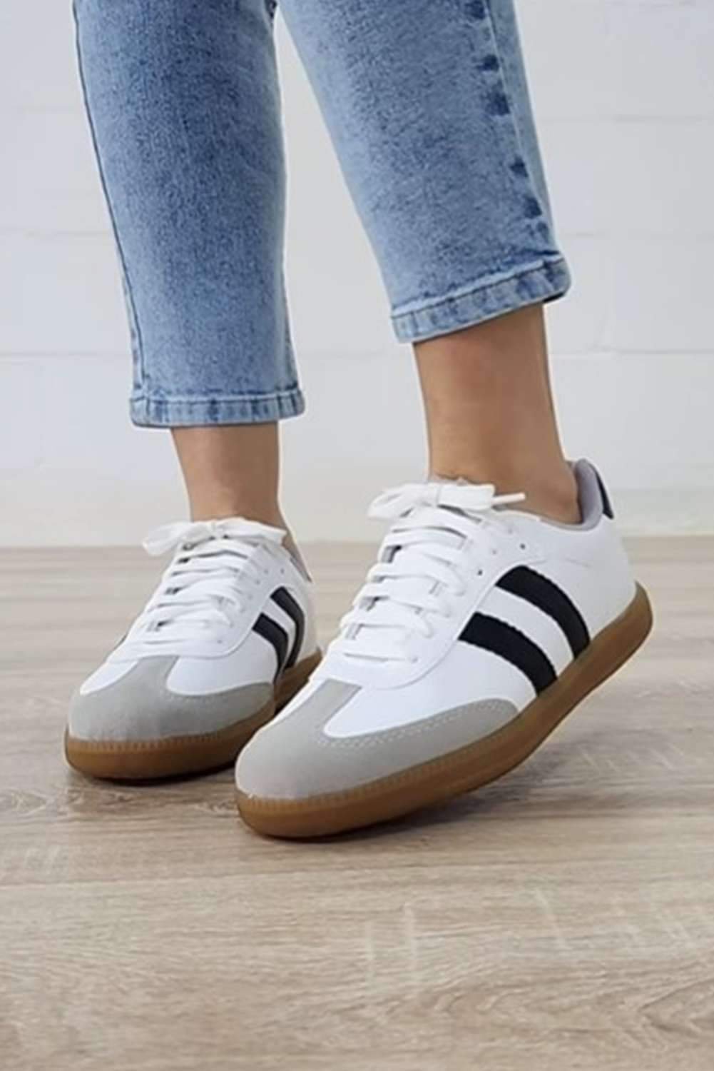 White Striped Lace-Up Flat Sneakers