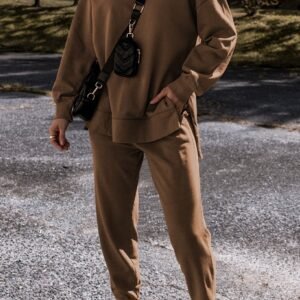 Coffee Solid Color High Low Pullover And Skinny Pants Set