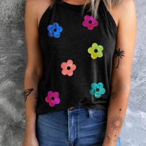 Black Sequin Flower Slim Fit Crewneck Tank Top