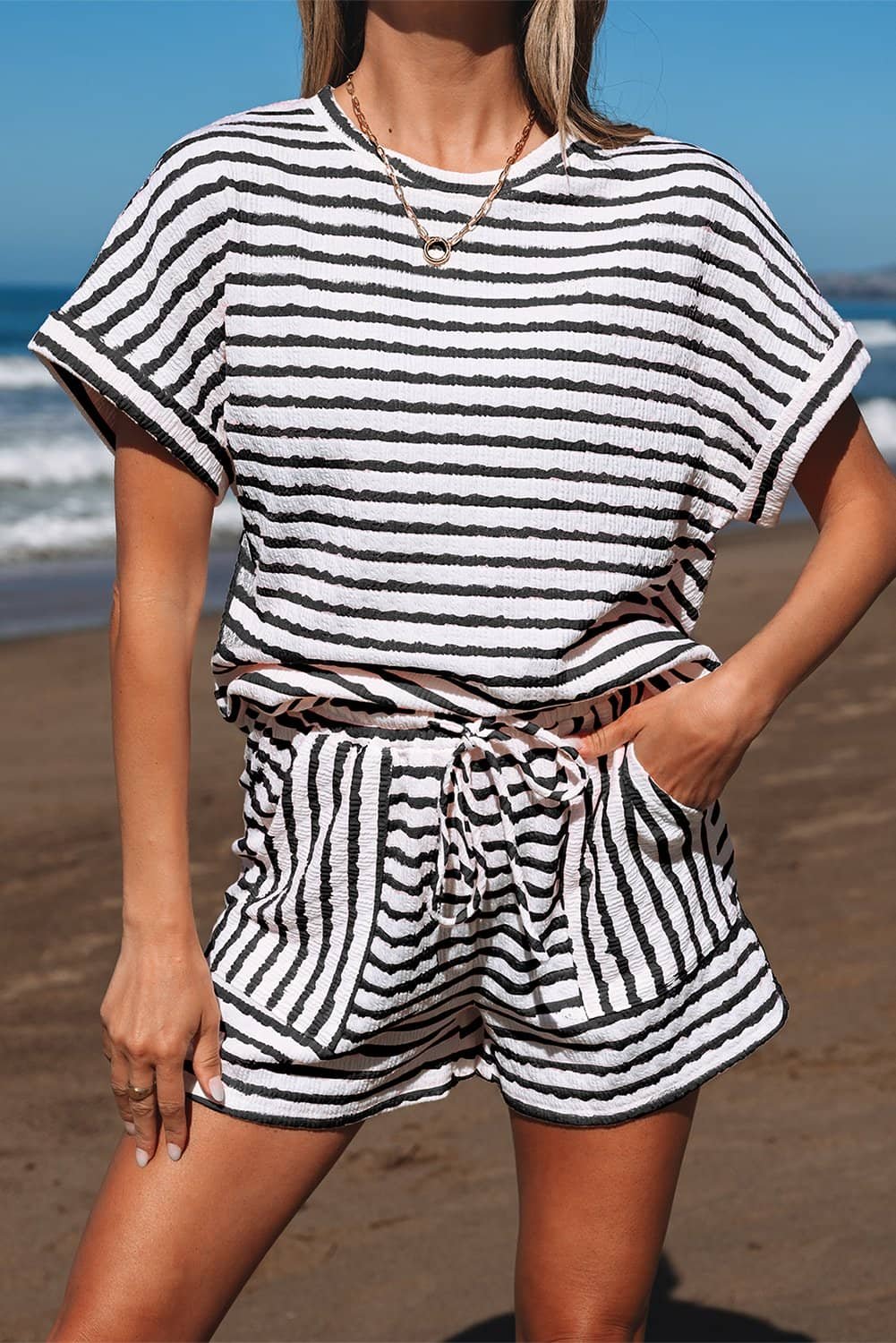 Black Stripe Knitted Short Sleeve Top And Drawstring Shorts Set