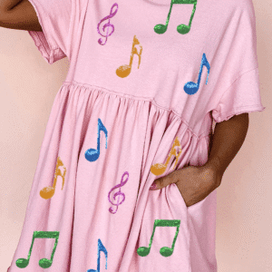 Light Pink Sequined Note Pattern Raw Edge Music Festival Babydoll T-Shirt Dress