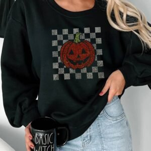 Black Rhinestone Jack-O-Lantern Checkered Graphic Halloween Sweatshirt