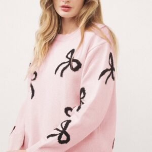 Light Pink Bow Pattern Knitted Loose Fit Sweater