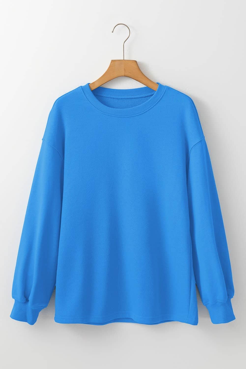 Sky Blue Solid Color Drop Shoulder Long Sleeve Basic Sweatshirt