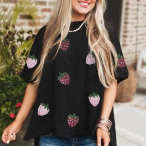 Black Sequin Strawberry Graphic High Low Relaxed Fit Tee