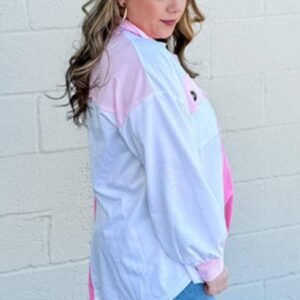 Bonbon Color Block Chest Pockets Half Button Plus Size Sweatshirt