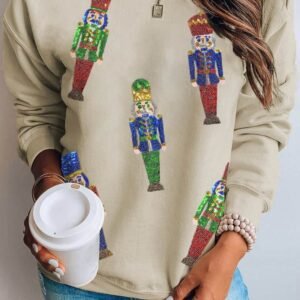 Khaki Sequined Nutcracker Doll Casual Sweatshirt