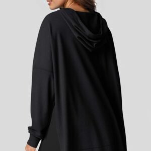 Black Waffle Knit Fleece Lined High Low Oversized Hoodie