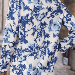 Sky Blue Floral Print Notched Neck Elegant Blouse