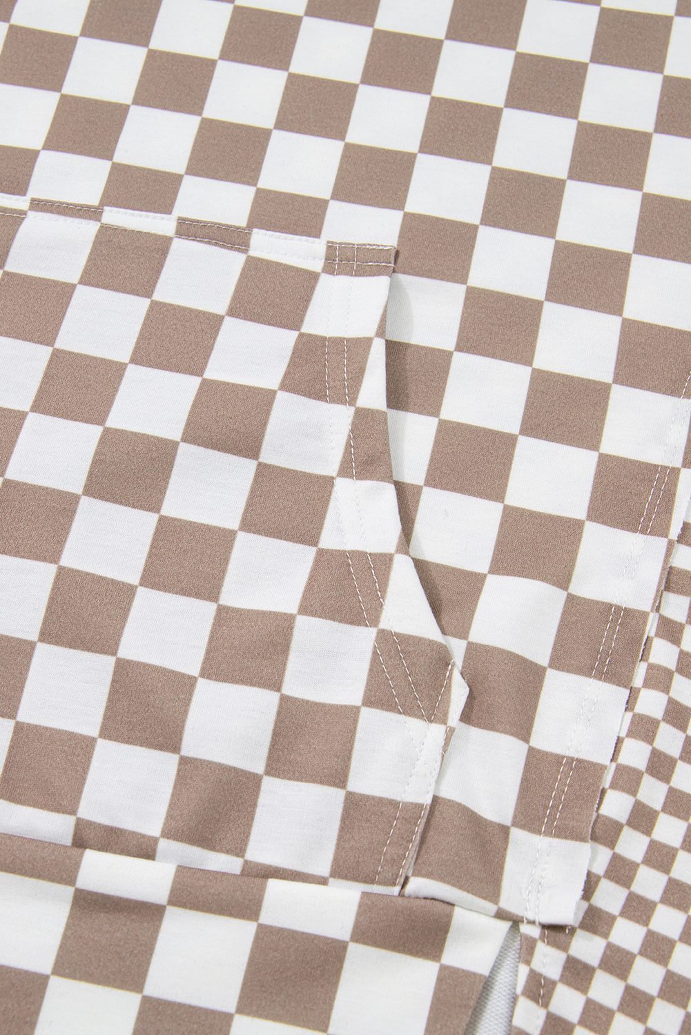 Khaki Double Checkered Patchwork Tie Neck Oversize Hoodie