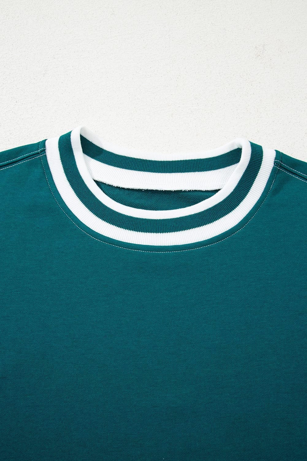 Blackish Green Contrast Striped Patchwork Round Neck Drop Shoulder Sweatshirt