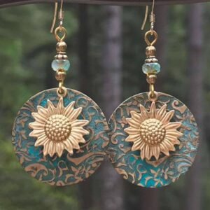 Real Teal Retro Sunflower Disc Alloy Dangle Earrings