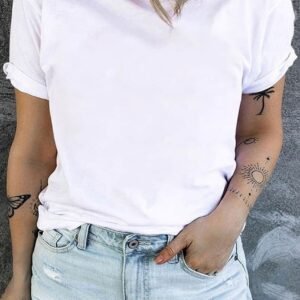 White Round Neck Rolled Sleeve Plus Size T-Shirt